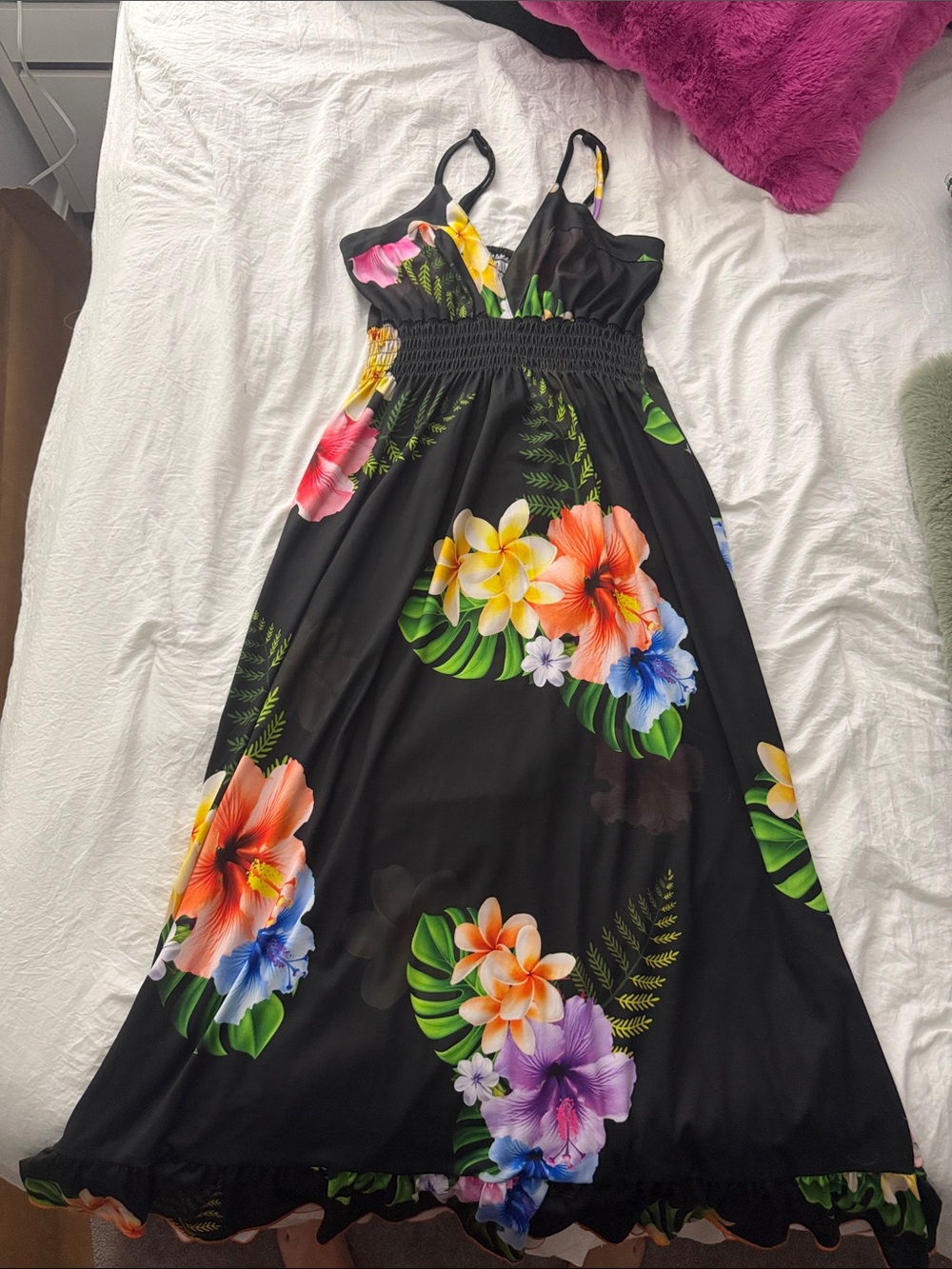 Black Tropical Floral Maxi Dress with Bright Blooms